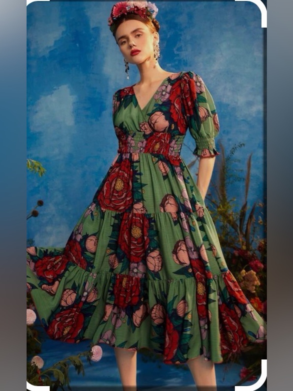 SHEIN- Frida Kahala collection, Green Midi Dress with Red & Pink Floral Print